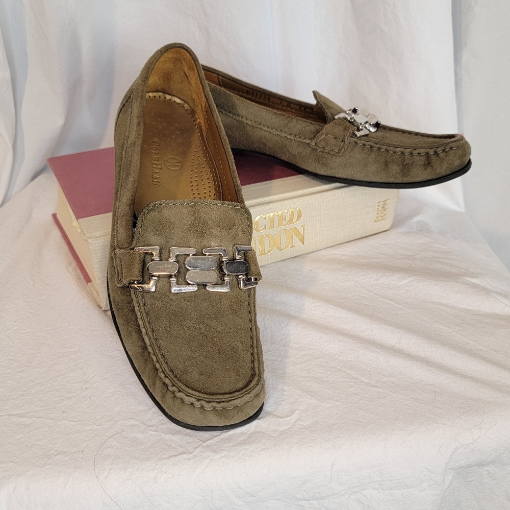Cole Haan Olive Suede Loafers with Metallic Accent Size 7